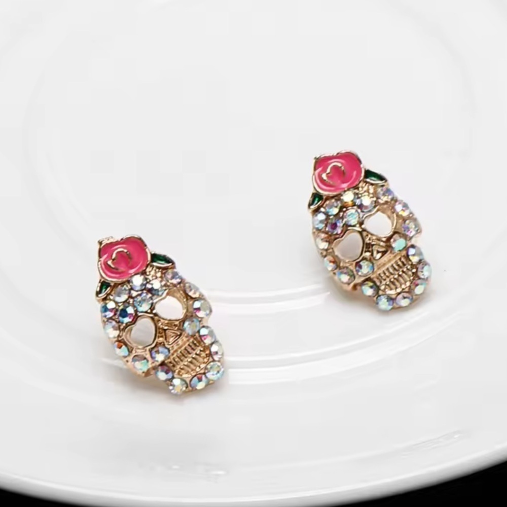 Halloween Skeleton Gold Crystal Earrings - Picture 13 of 13